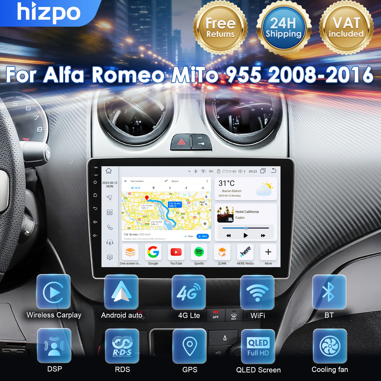 Autoradio Multimediale Hizpo per Alfa Romeo Mito 955 2008-2016, Navigazione GPS Android Auto, Bluetooth, WiFi, Schermo Intelligente QLED, Telecamera 360°