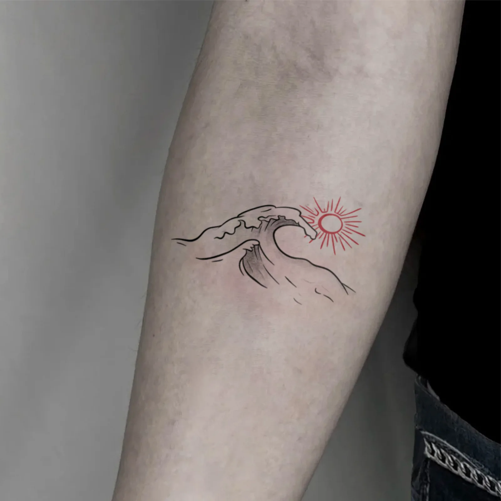 Ukiyo-e Wave Tattoo Sticker Red Sun Line Waterproof Long Lasting Fine Line Temporary Tattoo for Women Arm