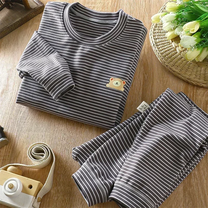 Children\'s Pajamas Sets Thickened Warm Sleepwear Kids Stripe Baby Clothes Set Boys Girls Thermal Underwear Velvet Baby Homewear