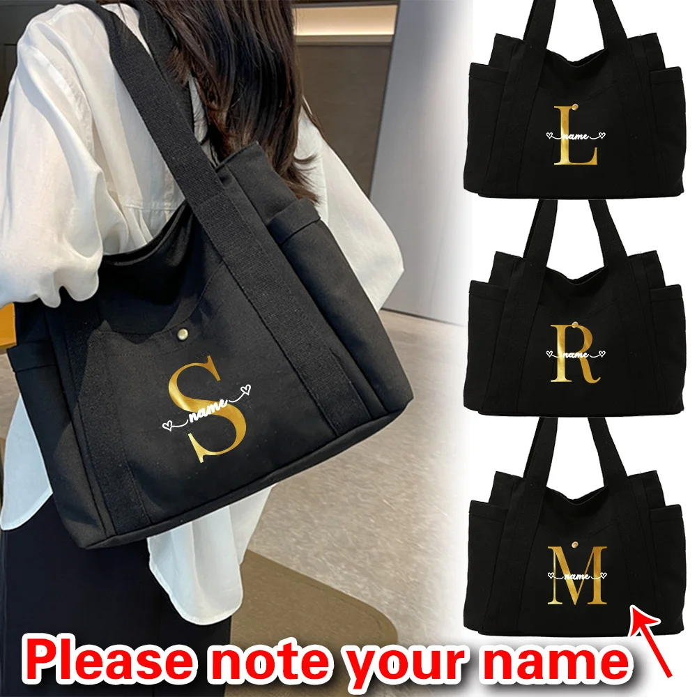 

Customized Gold Letter Printed Women's Black Canvas Shoulder Bag Fashionable Shopping Bag Travel Work Commuting Storage Bag