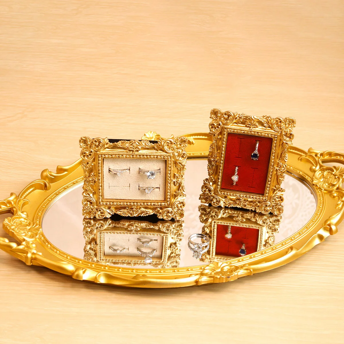 حامل عرض خاتم ذهبي عتيق، صينية حلق من جلد الغزال، تصميم باروكي، هدايا الزفاف وأعياد الميلاد، منظم مخملي لدعامة الخطوبة #3