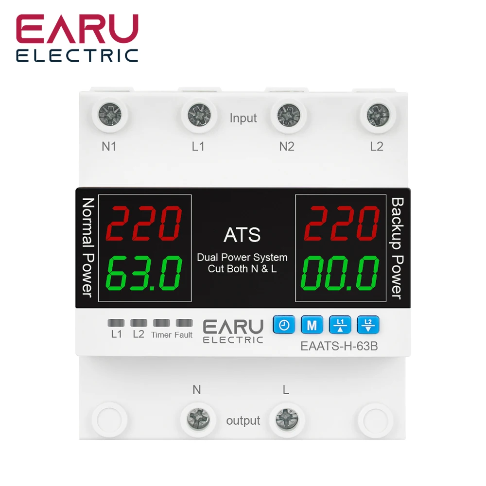 EARU 63A 100A ATS Adjustable Over Under Voltage Current Protector Multiple Power Automatic Transfer Switch Alarm Monitor Relay