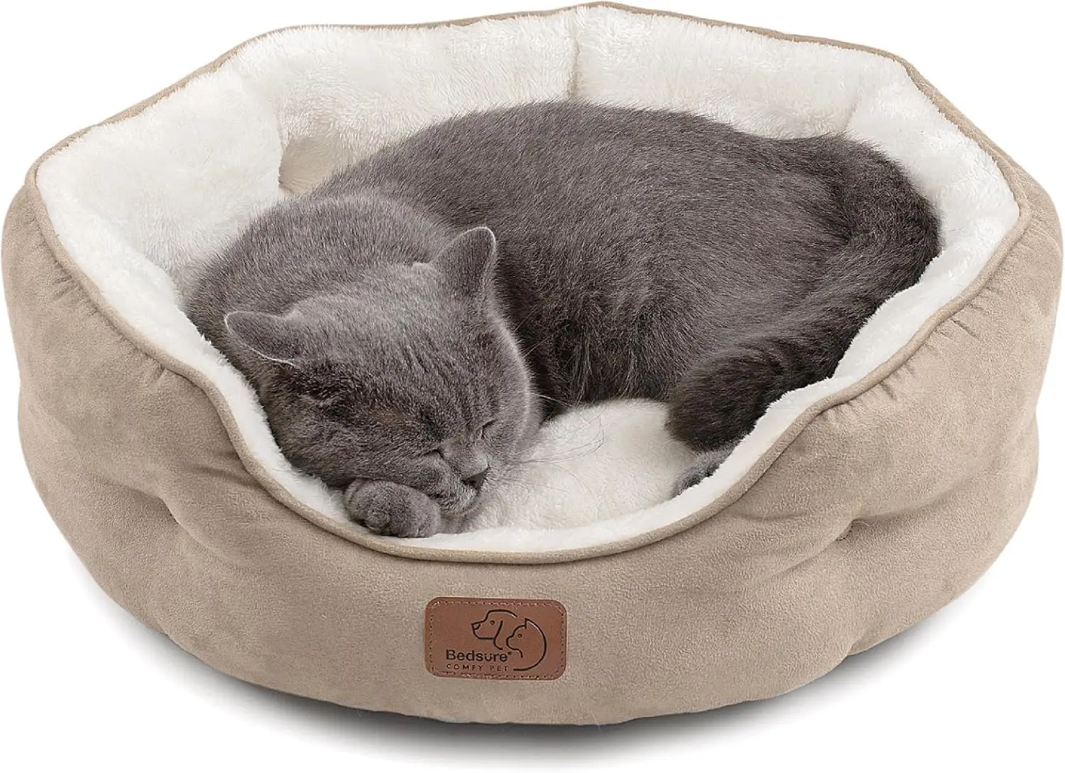 Bedsure Round Pet Bed for Small Dogs and Cats - Ultra Soft Sherpa with Bolster Support, Washable & Non-Slip Bottom, 20 Inches