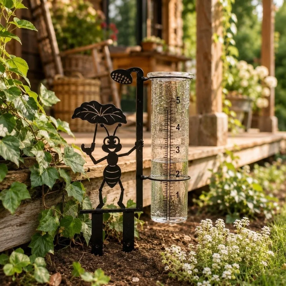 Dual Scale Outdoor Rain Gauge Clear Tube Cartoon Ant Design Decorative Rain Gauge Two Pointed Lower Prongs Black Metal Stake