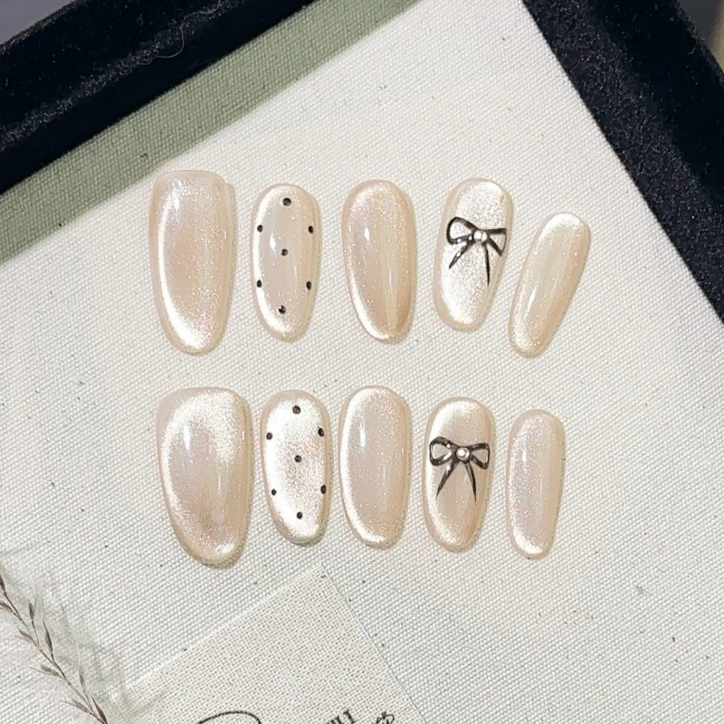 10PCS Original Handcrafted False Nails, Nude Cat Eye Press On Nails with Black Bow Polka Dot Nail Art Tips