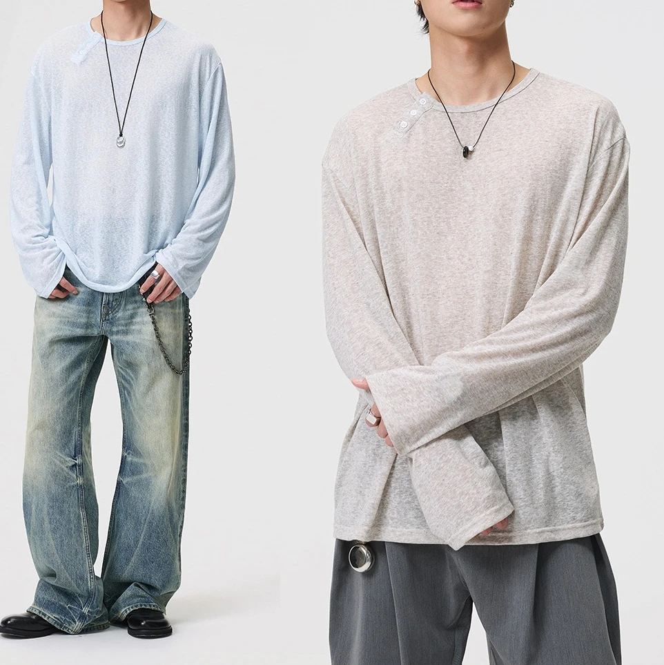 2026 New Solid Color Long-Sleeve T-Shirt, Unisex Spring/Summer Crew Neck Cover-Up, Thin Loose, Breathable Top