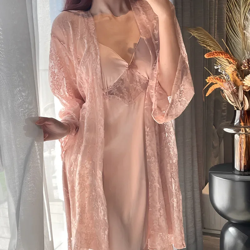 Women Gown Sleepdress Sexy Lace Nighty Robe Spaghetti Strap Sleepwear Summer Silk Satin Nightdress Loungewear Side