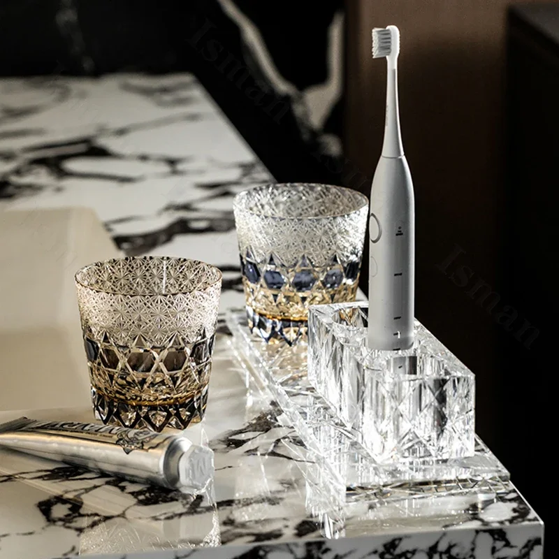 Advanced Crystal Toothpaste Dispenser Bathroom Accessories Set Luxurious Villa Glass Toothbrush Cup Bathroom Decor Storage Tray