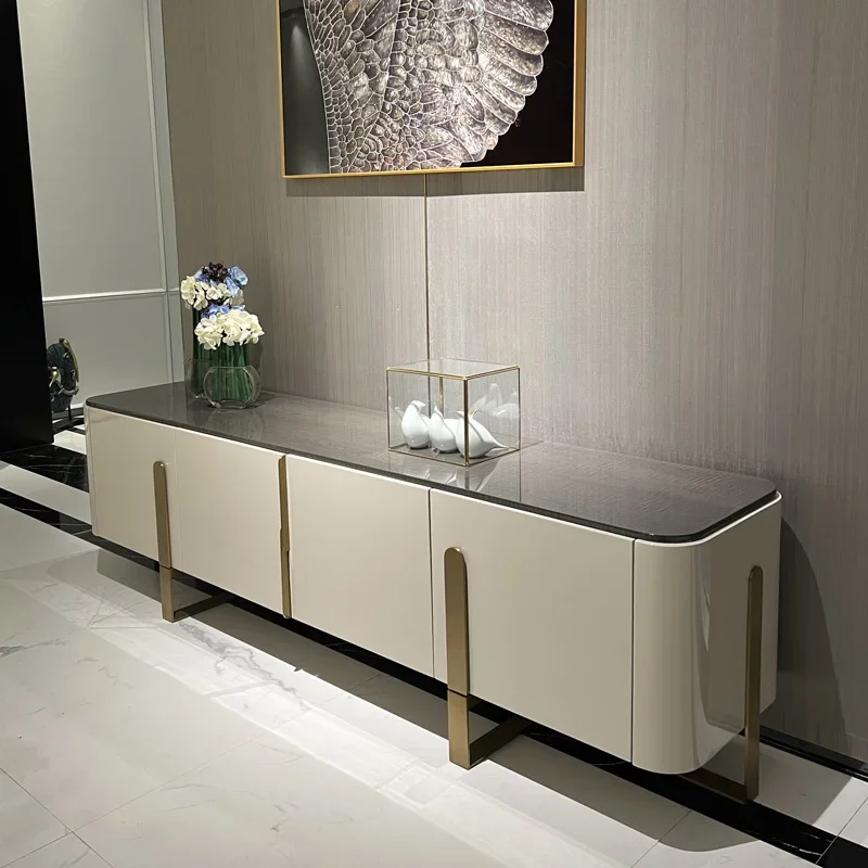 Italian light luxury solid wood TV cabinet hardware base marble surface floor villa post-modern home