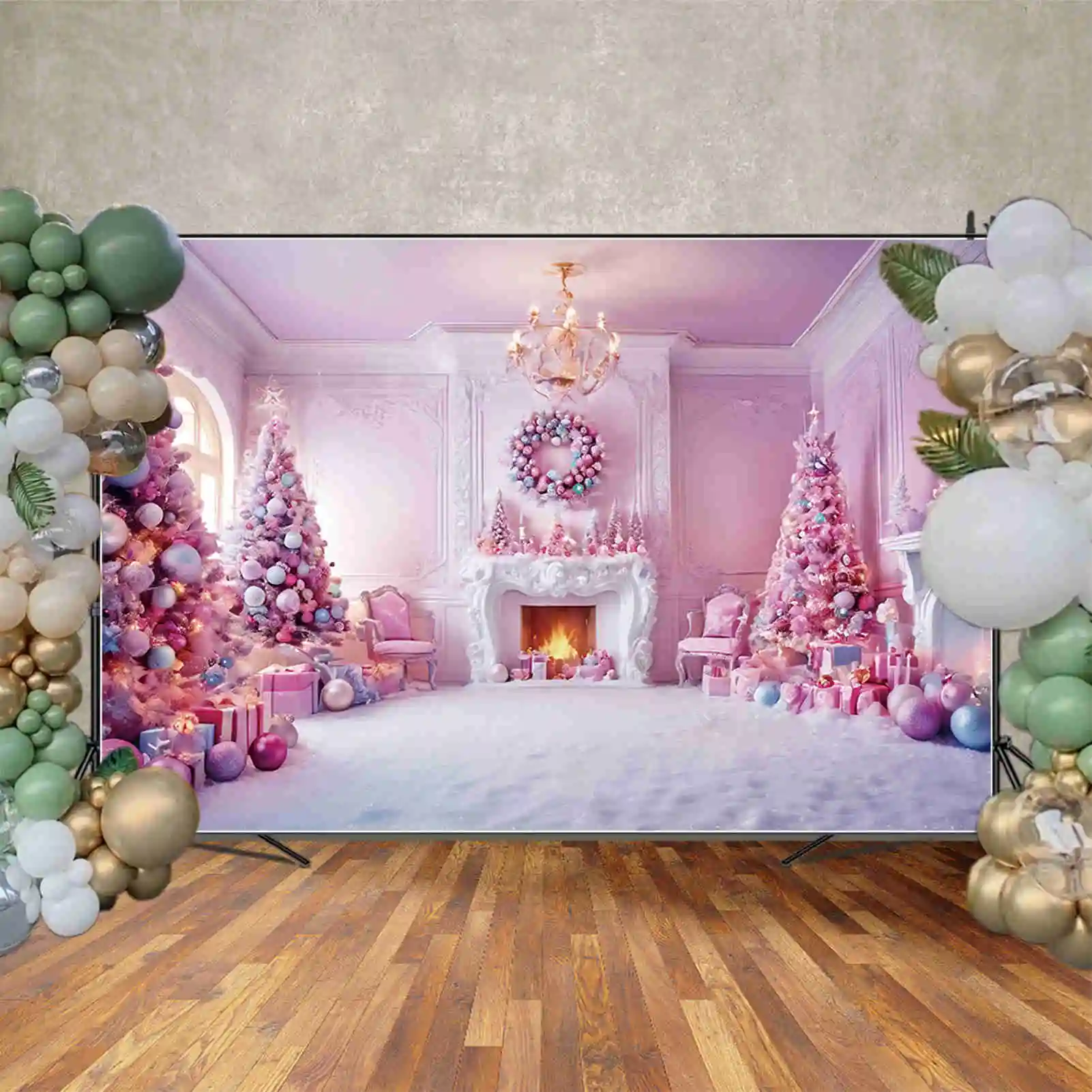 MOON.QG 2024 크리스마스 크리스마스 트리 배경, 냉동 장식 나무 벽난로, 서양 배경, 파티 사진 용품