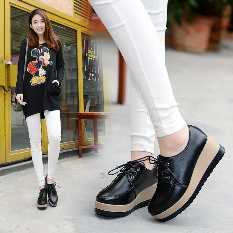 Women Oxford Shoes Flat on Platform Casual Shoes Frenum Leather Shoes Sewing Round Toe Zapatos Mujer 2023