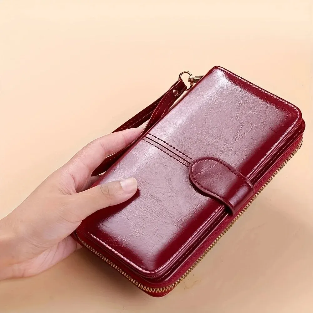 Portfel damski Vintage Oil Wax PU Leather Clutch Wallet Female Large Capacity Phone Purse Ladies Wristband Simple Card Holder Pouch Bag