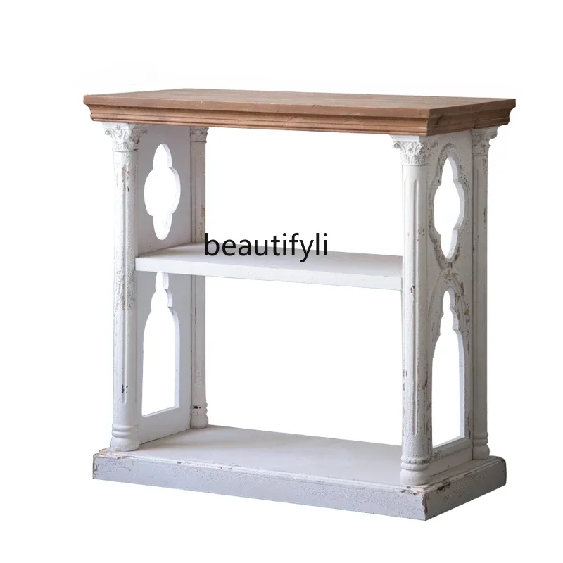 

European-Style White Vintage Engraving Storage Side Table Solid Wood Storage Rack Roman Column Console Decorative Cabinet