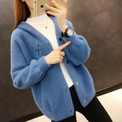 2022 New Hooded Thick Imitation Mink Fleece Sweater Short Coat Women Knitted Cardigan Tops