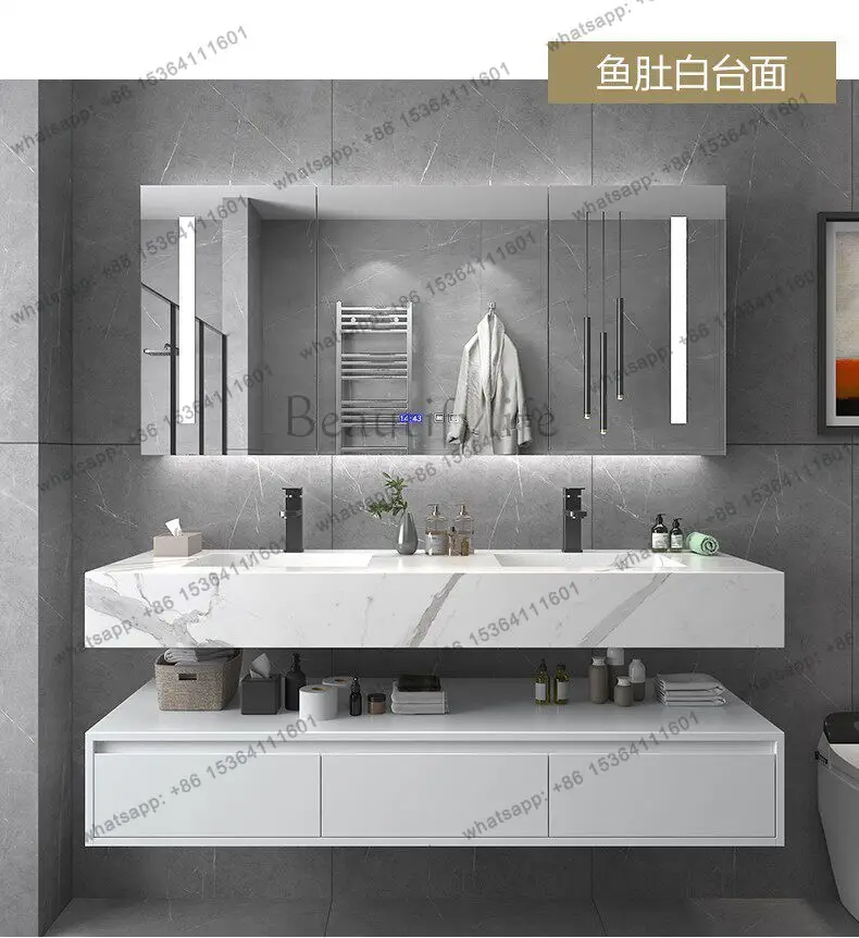 

Modern oak rock slab bathroom cabinet smart mirror integrated basin solid wood combination