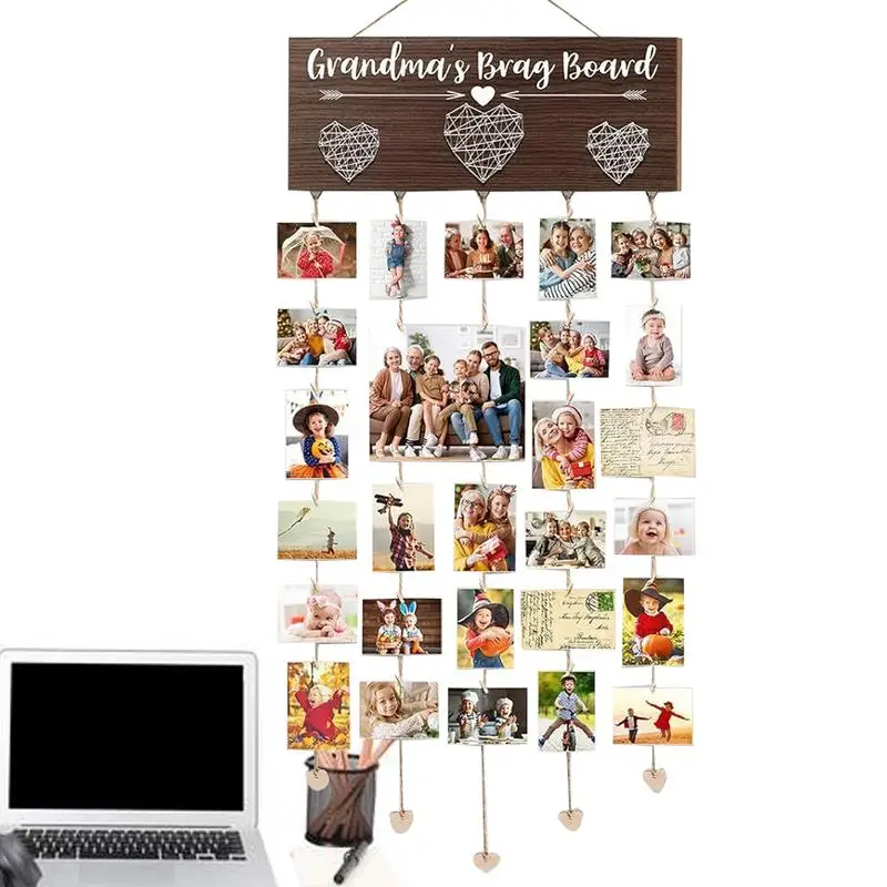 Photo Card Display Holder Wooden Grandma Picture Frame Grandkids Wall Decor Grandkids Photo Ornament Photo Display Board With 30