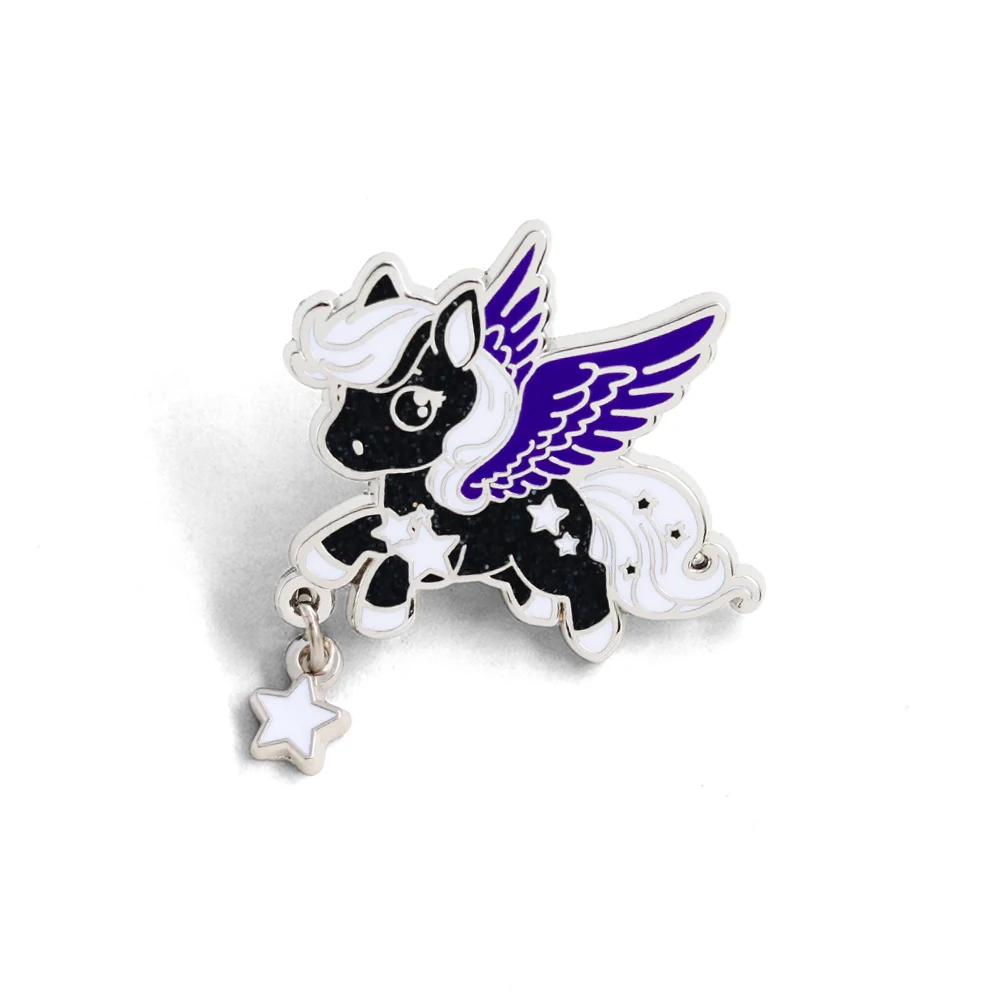 Cute Star Wings Black Horse Brooch Blue Winged Tianma with Pendant Badge Cartoon Animal Dark Enamel Pin Backpack Decoration Gift