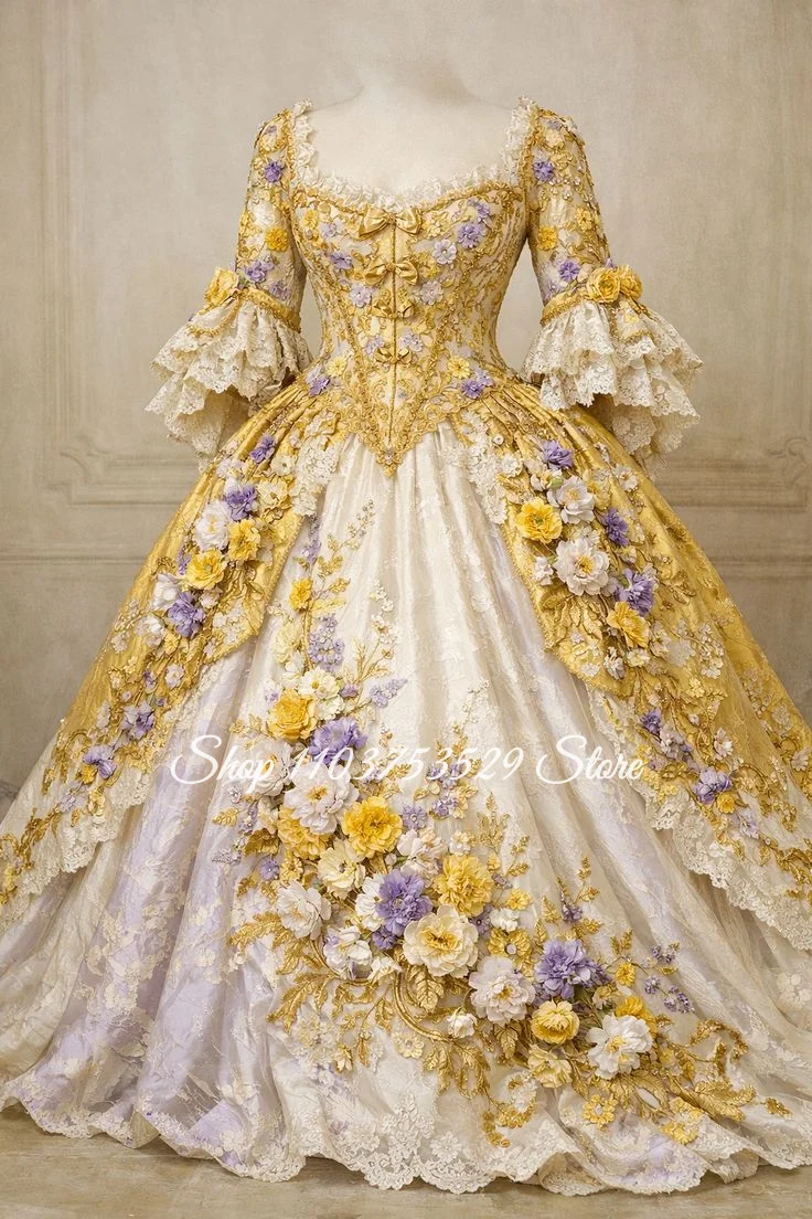 Customised Golden Floral Print Embroidered Vintage Victorian Ball Gown 3D Floral Evening Gown Special Occasion Dress Prom Dress