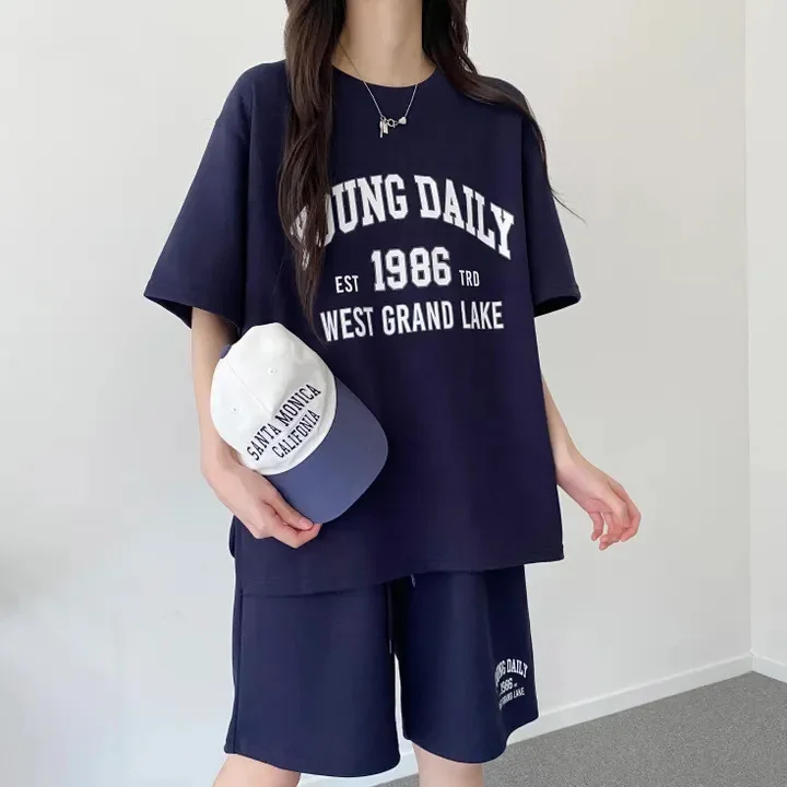 Estate alla moda coreana donna casual sport 2 pezzi pantaloncini larghi set moda cotone dimagrante girocollo manica corta 2 pezzi abiti