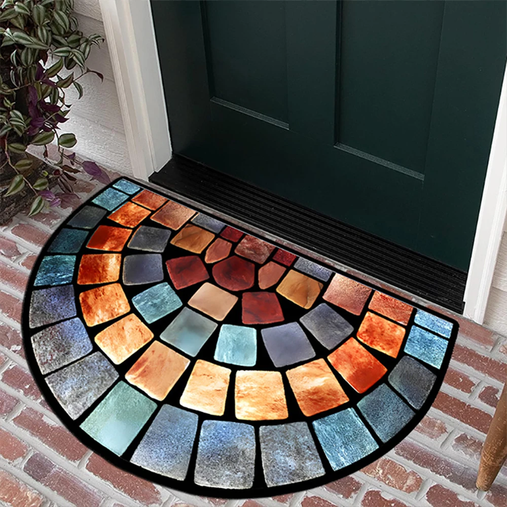 Flower Half Round Doormat Pebble Cobble Floral Door Mat Washable Semi Circle Area Rug Non Slip Absorbent Half Rug