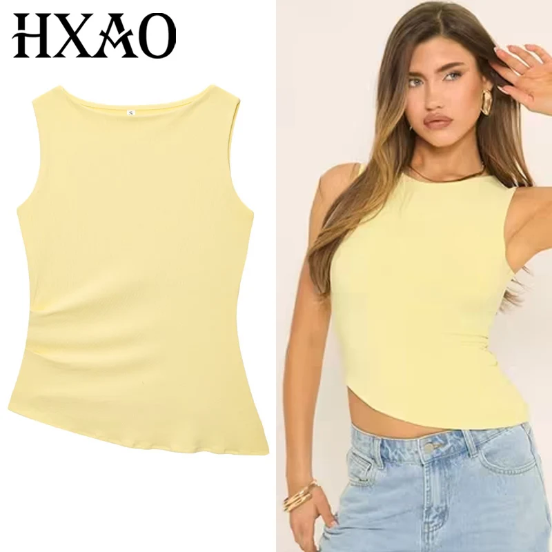

HXAO Crop Asymmetric Top Women Summer 2025 Sexy Tanks & Camis Yellow Sleeveless Tank Top Solid Tight t-Shirt Street Style Tops