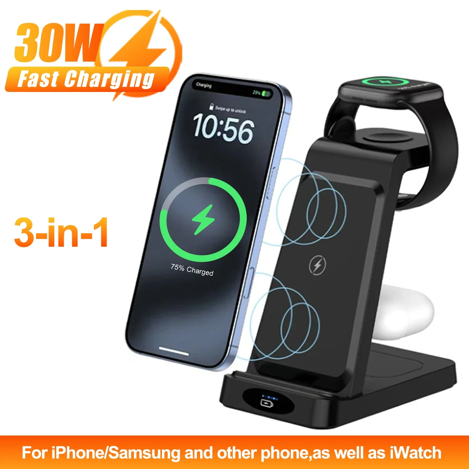 

Беспроводное зарядное устройство 3-в-1, 30 Вт, подставка для беспроводной зарядки, подходит для iPhone 17/16/15/14/13/12 Pro Max и iWatch