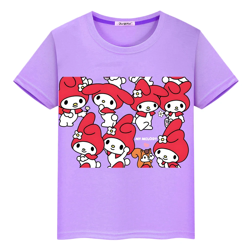 Sanrio Melody Kawaii Print 100% хлопок короткая футболка аниме тройники гордость футболка Симпатичные топы мальчик одежда y2k цельнокроеная детская одежда для девочек