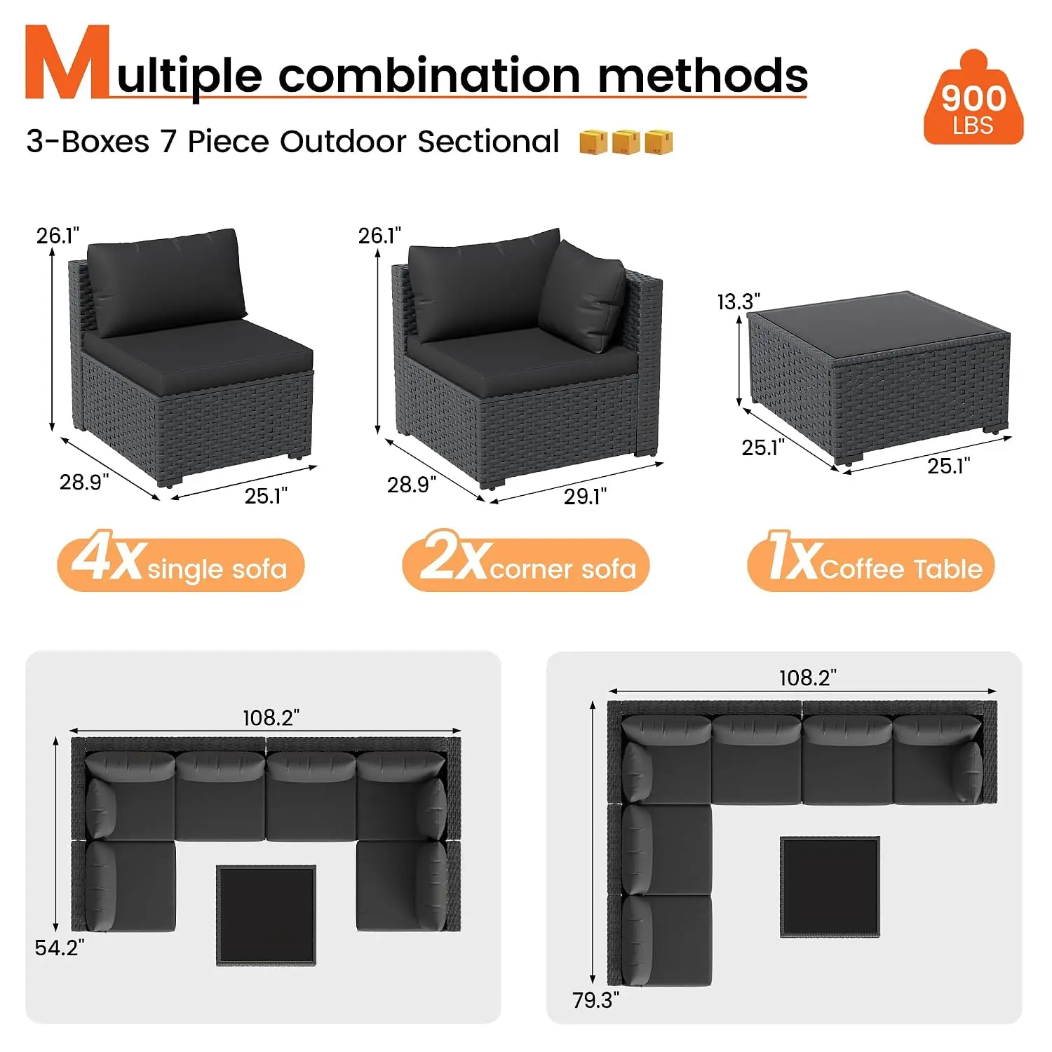 7-Piece Outdoor Wicker Sectional Sofa Patio Set Black, Customized