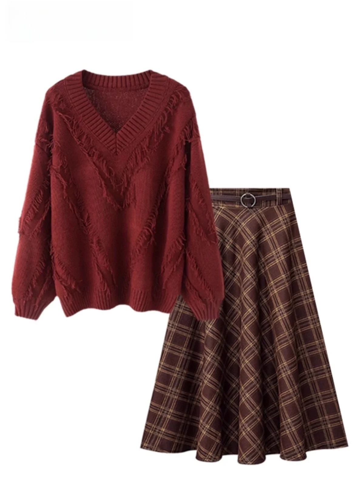 

Антивозрастной вязаный свитер и юбка миди: комплект из двух предметов для женщин больших размеров, осенне-зимний модный ансамбль с длинными рукавами и круглым вырезом
