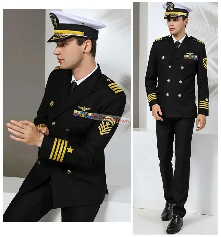 Uniforme azul marino estándar europeo para hombre, ropa militar negra, atuendo Formal azul marino internacional, trajes militares blancos, chaqueta con sombrero y pantalones