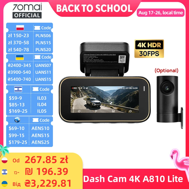 70mai Dash Cam A810 Lite 4K HDR + 1080P, Supercapacitor 4G LTE Remote Control Wi-Fi 6 GPS Voice Control Car DVR 70mai A810 Lite