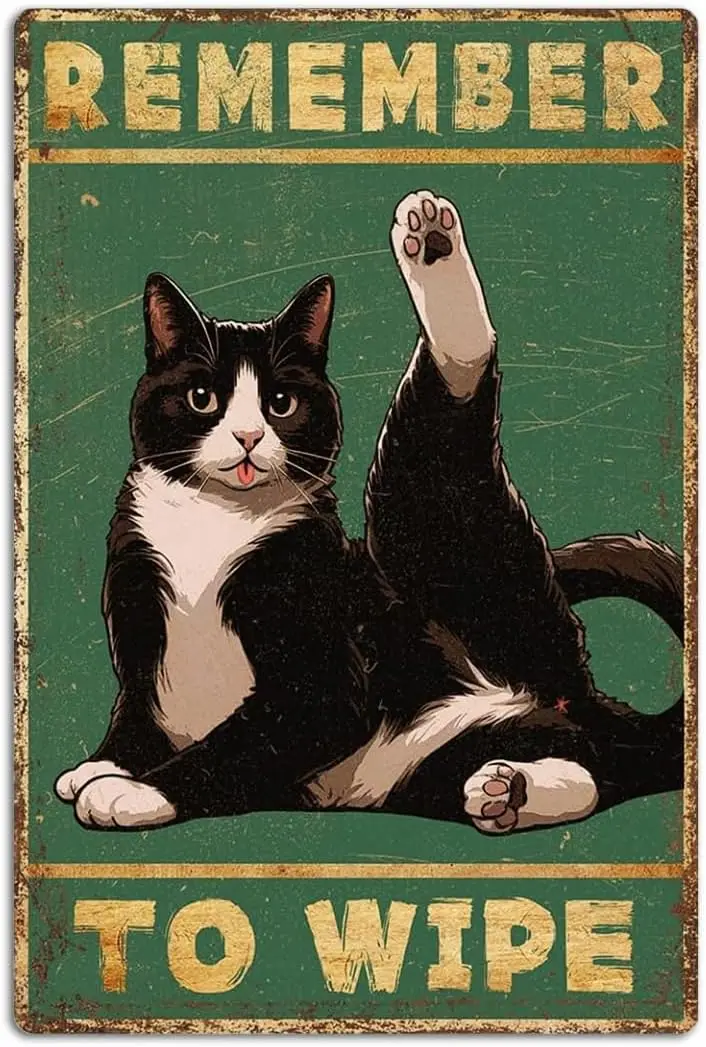 Pensez à essuyer la salle de bain - Décoration murale chat Tuxedo - Plaque métallique amusante - Décoration vintage pour la maison - Plaque chat pour décorations de salle de bain - Aluminium