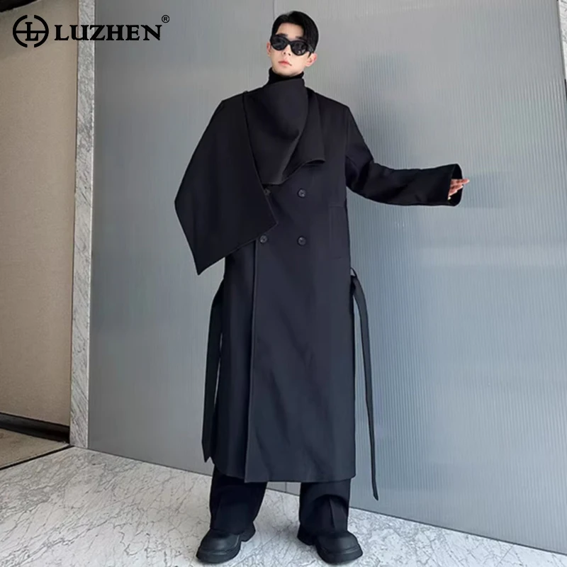 

LUZHEN Personalized Patchwork Design Scarf Neck Solid Color Knee-length Windbreaker Men Fashion 2025 New Original Trench JY4430