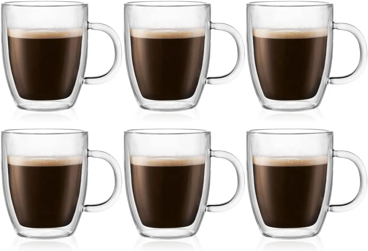

Set of 6 Double-Wall Insulated Mugs, Heat-Resistant Glass, Keeps Drinks Hot or Cold