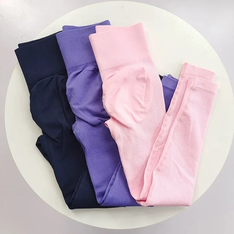 High Waist Seamless Ribbed Yoga Leggings Women Butt Lifting Workout Pants Elastic Striped Sports Fitness Running Gym Leggins