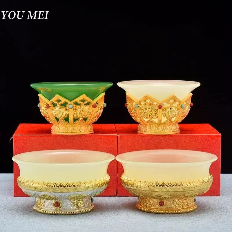 

Tibetan Holy Stone Jade Bowl,Inlaid Gem Alloy Engraving Flower Texture Tantric Bowl,Buddhism Altars Cup Buddhist Religious Item