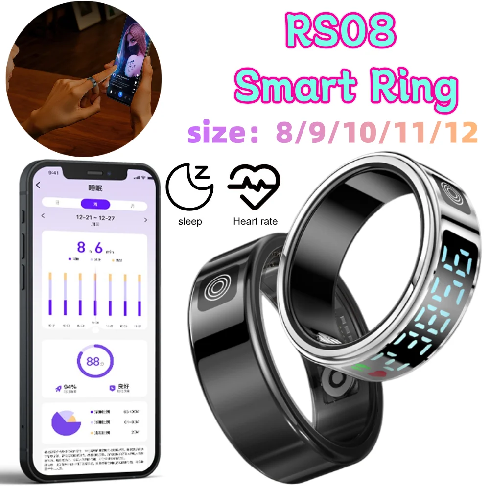 RS08 Smart Ring Waterproof Heart Rate Health Monitor Multi Sport Modes Blood Oxygen Tracker BT5.4 For Xiaomi Samsung Phone