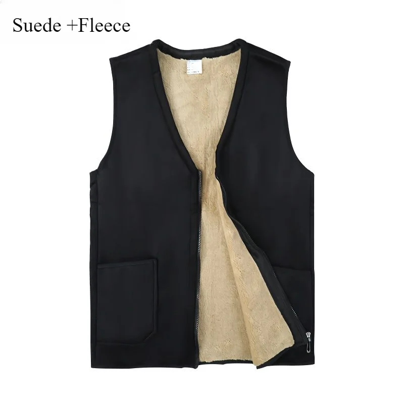 

Winter Waistcoat Men Suede Patchwork Lamb Fleece Coat Vest Outdoor Windproof Thicken Warm Sleeveless Zipper Cardigans Waistcoat