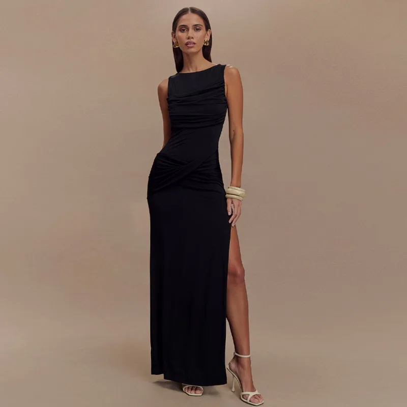 EOENKKY Backless Increspato Elegante Abito Lungo Abito Da Donna Estate Nuovo O Collo Coscia Alta Divisa Aderente Sexy Maxi Vestito Dal Carro Armato di Modo