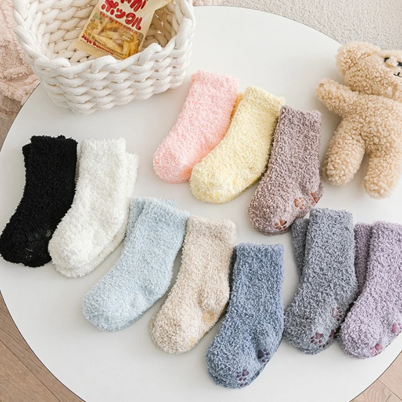 Baby Non-Slip Socks with Silicone Grips Plush Coral Fleece Thermal Floor Socks for Infants Learning Walking Socks (6-24 Months)