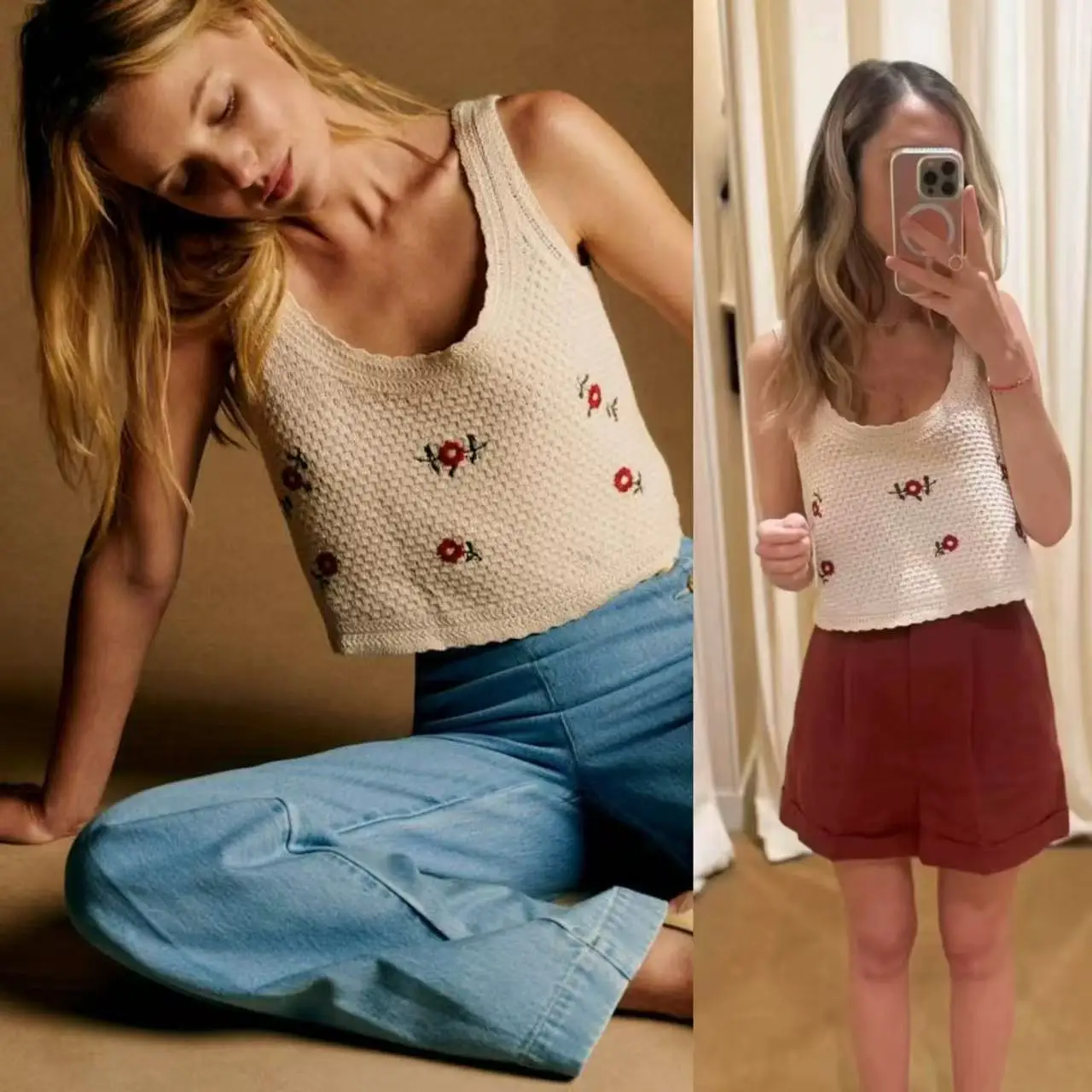 

Французский хлопковый вязаный топ с вышивкой и U-образным вырезом, женский, с мелким цветочным узором, новинка ранней осени