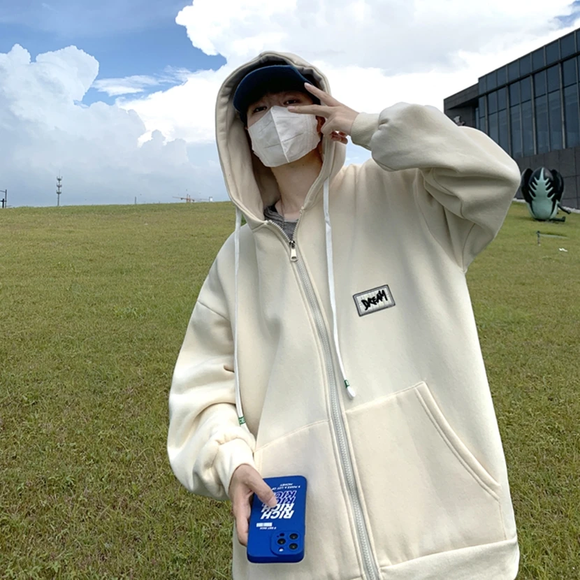 

Мужская толстовка с капюшоном, весенне-осенняя, новая, однотонная, на молнии, свободного кроя, молодежная, стильная, трендовая одежда