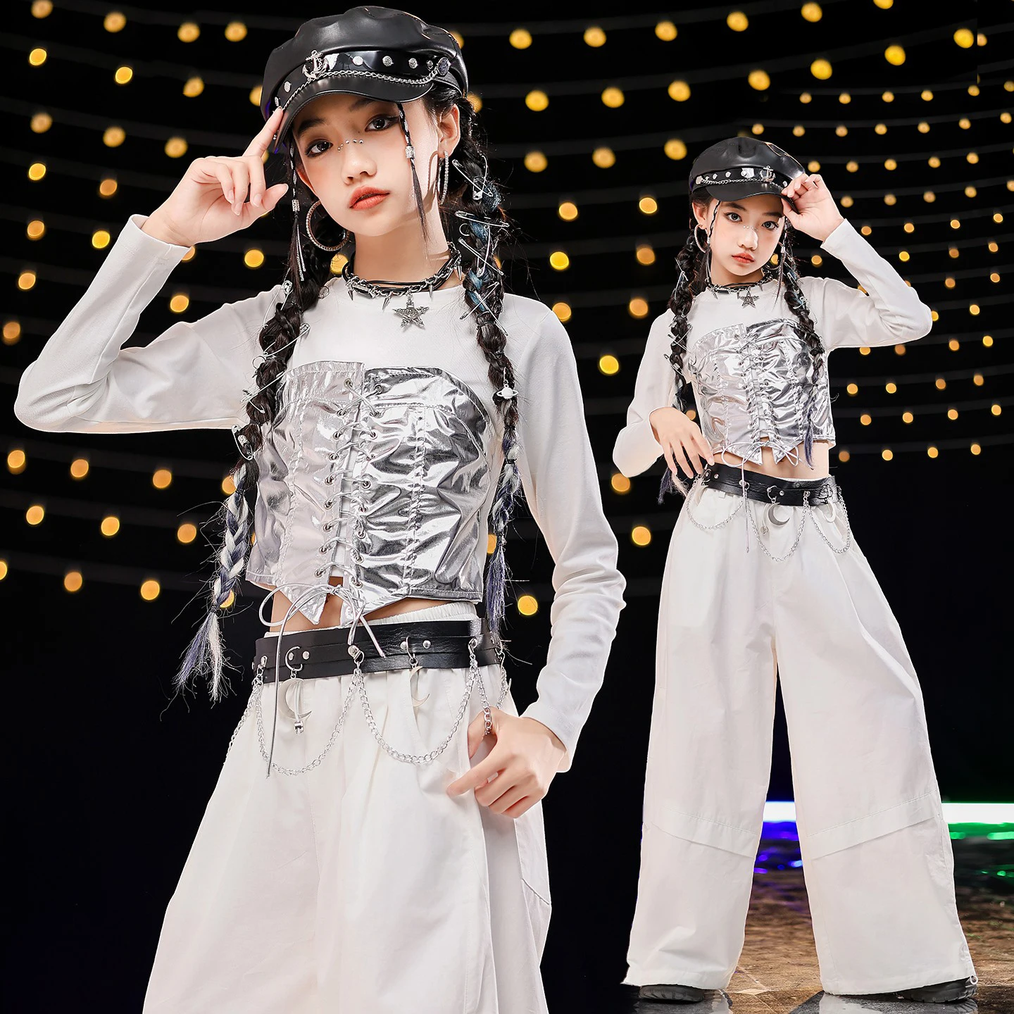 2025 Kinder Hip Hop Jazz Dance Kleidung Mädchen Lange Ärmel Tops Weiße Hosen Kpop Gruppe Leistung Kostüme Straße Tragen BL17647