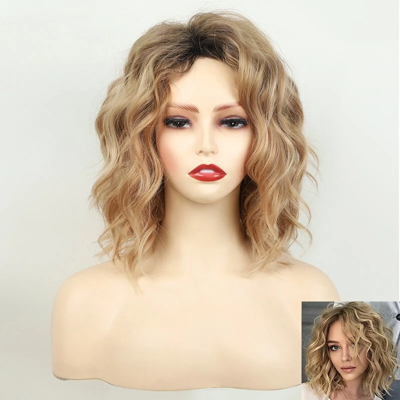 

Women Curly Madium Length Fashion Gradient Blonde Synthetic Ombre Wig