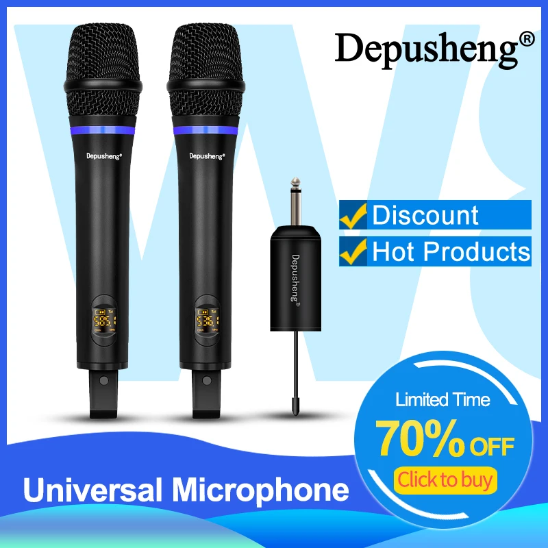 Wireless Microphone Depusheng W7/W8 UHF Metal Dynamic Handheld Karaoke Mic with Rechargeable Receiver for Karaoke Wedding