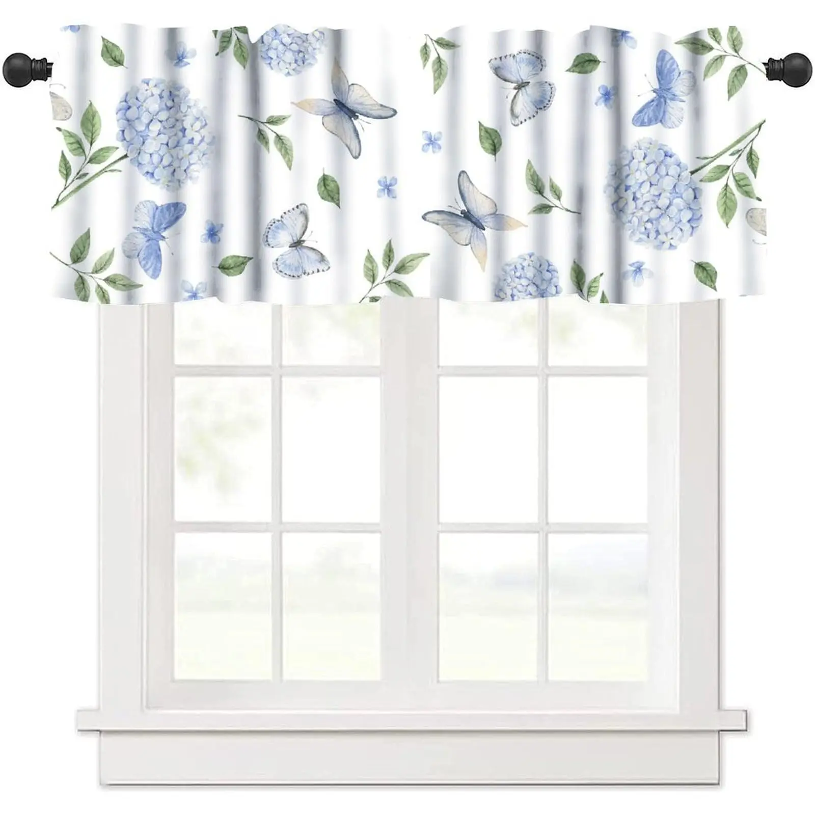 Rustic Spring Hydrangea Floral Valance Watercolor Butterfly Flower Blackout Curtain for Farmhouse Kitchen Bedroom