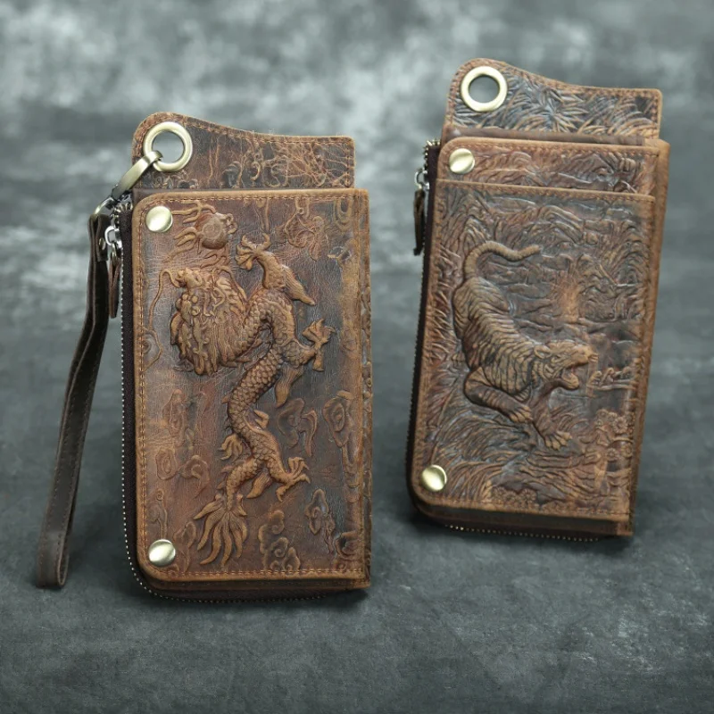 

Men Vintage Crazy Horse Leather Chain Wallet Genuine Leather Bifold Long Wallet Snap Card Holder Dragon Tiger Coin Pocket Purse