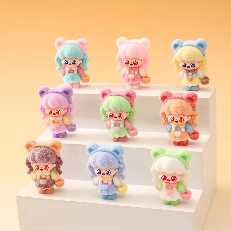 9PCS Cute Flocked Mini Doll Figurines PVC Plush Bear Ear Girl Toys for Car Desk Home Decor Party Favors Blind Bag Collectible