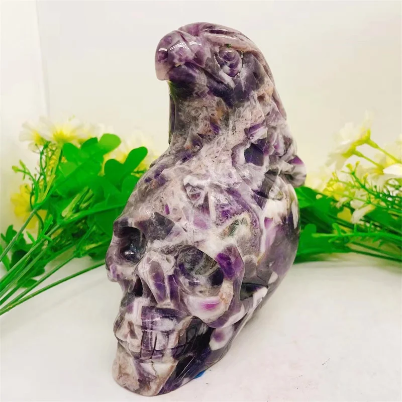 Natural Dream Amethyst Eagle Skull Crystal Ghost Hand Carved Crystal Halloween Gift Festival Craft For Decoration 1pcs