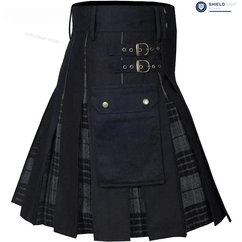 Kilt da uomo, kilt versatile, kilt in misto cotone e denim, kilt tradizionale da uomo con un moderno motivo a quadri plissettato.
